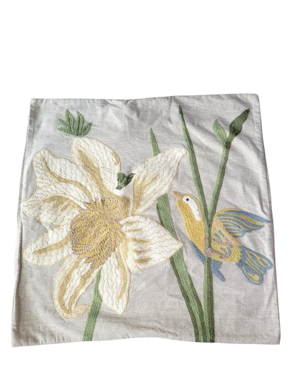 Pottery Barn Daffodil Bird Embroidered Pillow Case 24x24